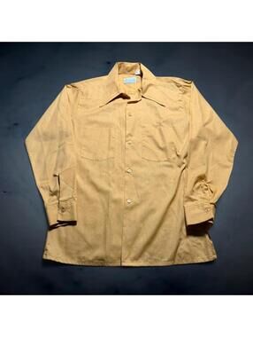 Vintage 70s Orange Yellow Button Up Shirt Permanent Press Mens S Cotton Blend